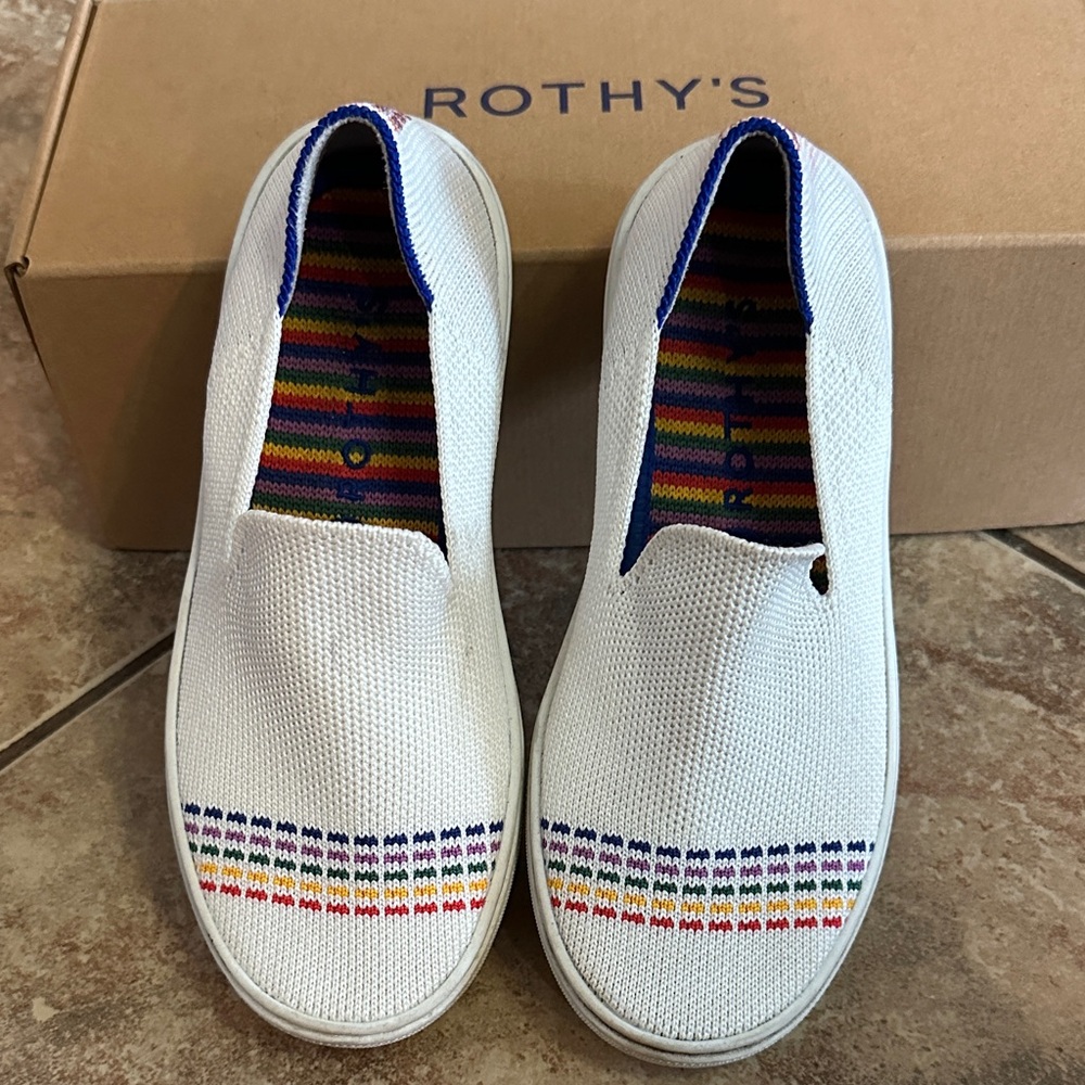 Rothy’s Kids Rainbow Slip On Sneakers White Loafer Shoes Size 13 Retired